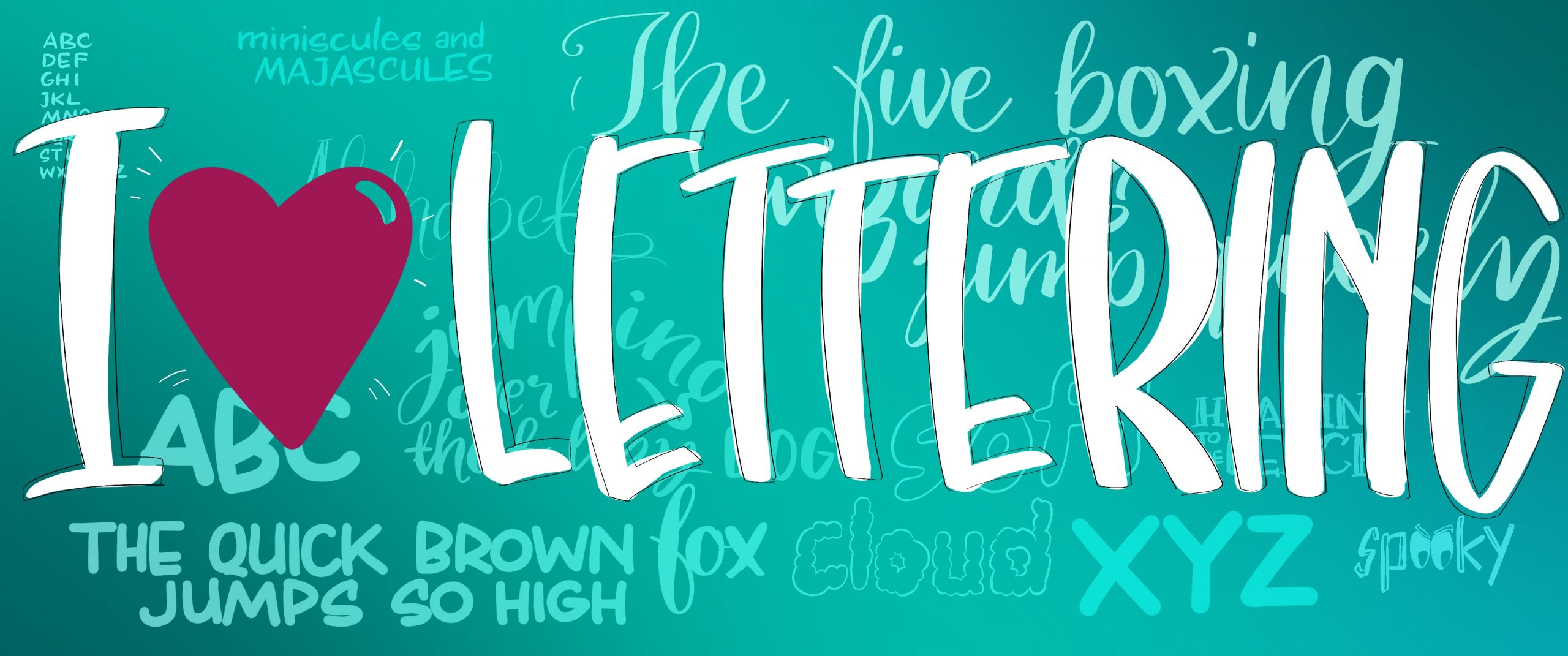 Image header that says I love lettering and has different lettering styles in the background
