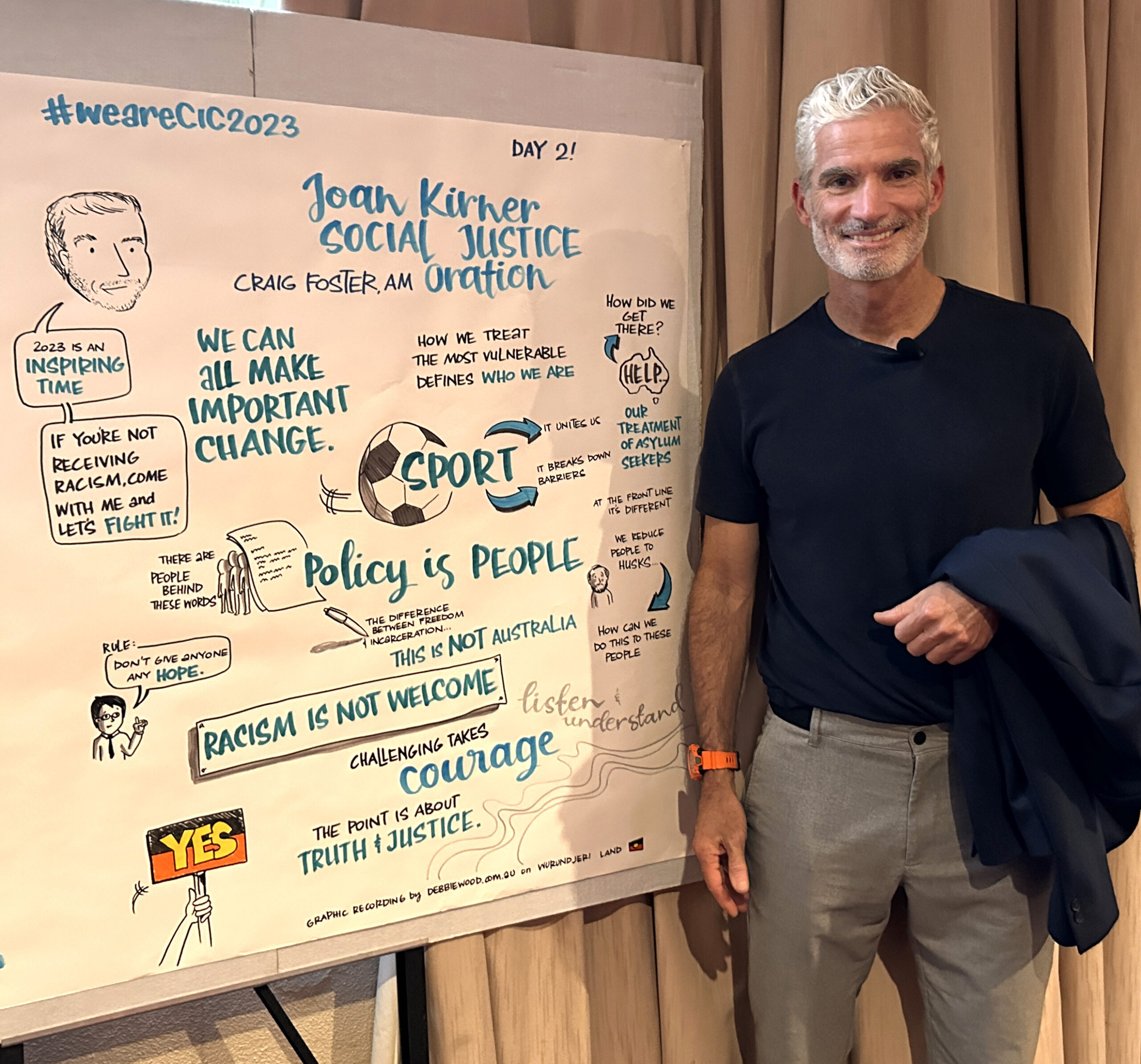 Craig Foster AM at Communities in Control with graphic recording of his Oration