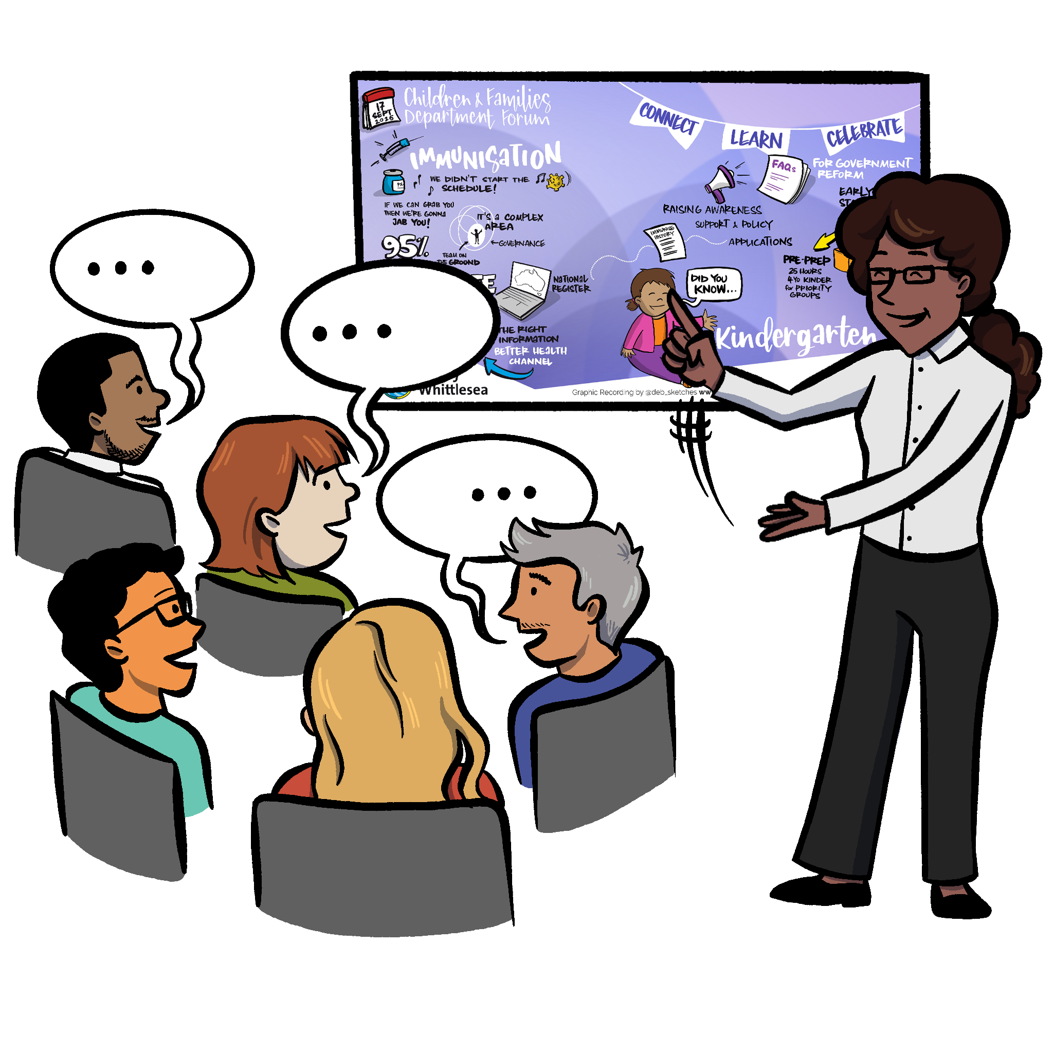 Illustration of a facilitator running a successful workshop with a graphic recording in full view of the participants